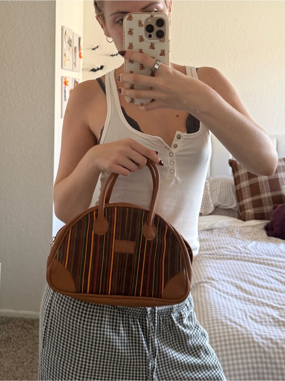Elle Brown Striped Dome Satchel with Multicolor Stripes
